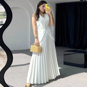 Damen Elegant Ärmellos V Ausschnitt Weste Einreihiges Top Und Hohe Taille Plissee Maxi Rock Casual Fashion Outfit