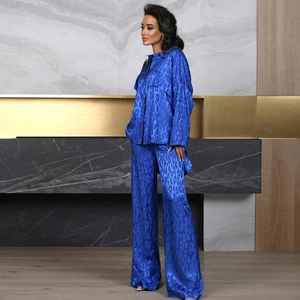 Royal blue satin leopard print two-piece set with long sleeve shirt and wide leg pants