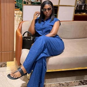 Navy blue sleeveless utilitarian jumpsuit set with wide leg trousers for women