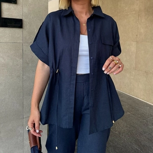 Women's dark blue two-piece linen set with short sleeve drawstring shirt and trousers