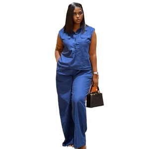 Women's dark blue two-piece set featuring sleeveless pocket vest and wide-leg trousers