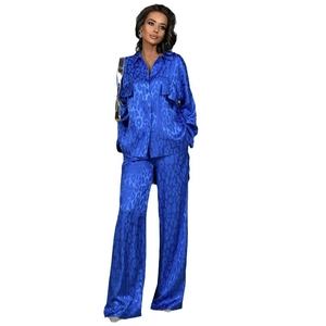 Women's 2-piece blue leopard print satin set with long sleeve shirt and wide-leg trousers