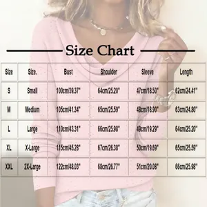 Detailed size chart for women's V-neck loose top with bust and sleeve measurements