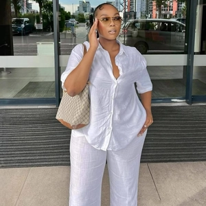 Women's Casual Minimalist Solid Color Lapel Short Sleeve Shirt And Full Length Pants Two Piece Set Polyester Outfit