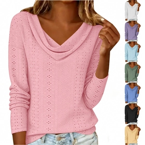 Detail of cowl neck knit top for women with delicate pointelle pattern in soft pink