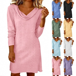 Detail view of cowl neck knit dress in nine colors with delicate pointelle texture