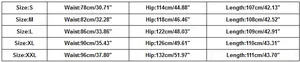 Size guide table for women's linen wide leg pants showing waist, hip, and length data