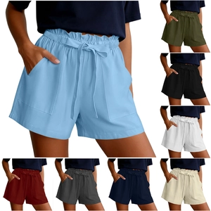 Detail view of summer cotton linen shorts featuring elastic ruffled waist and eight colors