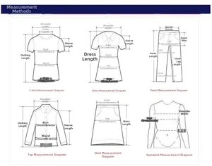 Gedetailleerde meetgids voor shirts, jurken en broeken met maattabeldiagrammen