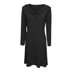 Detail of elegant black cowl neck dress featuring textured jacquard long sleeves and slim fit