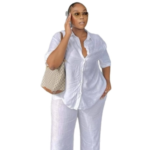 Women's summer two-piece casual set with white button-down shirt and wide-leg trousers