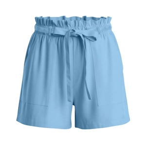 Detail of light blue paperbag waist cotton shorts with side pockets and a ribbon bow tie