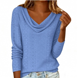 Detail of light blue long sleeve knit top with cowl neck and pointelle hollow pattern