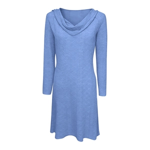 Detail of light blue cowl neck dress showing intricate 3D jacquard textured fabric