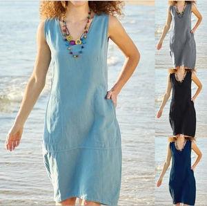Robe longue femme en coton lin sans manches col en U avec poches en plusieurs couleurs
