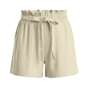 Detail of high waisted cotton linen shorts with elastic paperbag waist and matching tie belt