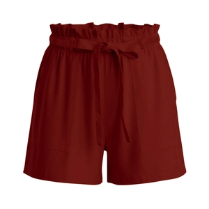 Detail view of paper-bag high waist with adjustable tie and pockets on burgundy cotton shorts