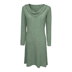 Detail of sage green dress showing textured jacquard fabric and draped cowl neckline