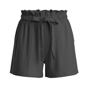 Detailed view of high-waisted paperbag waist shorts in charcoal grey with square pockets