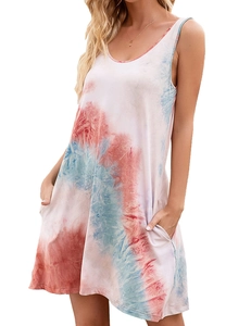Detail showing the sleeveless tie-dye summer dress with side pockets and round neckline