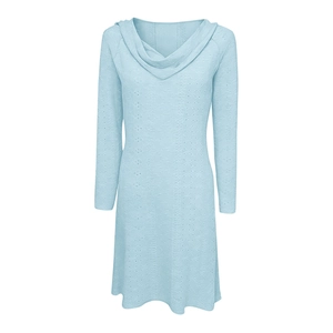 Close-up of light blue knit dress fabric featuring fine vertical texture and patterns