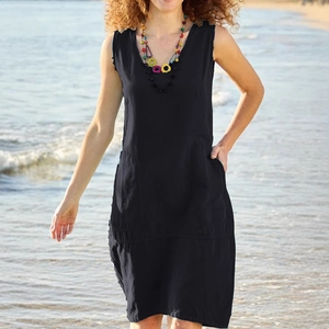 Robe longue noire sans manches en coton et lin avec poches pour les vacances d'été