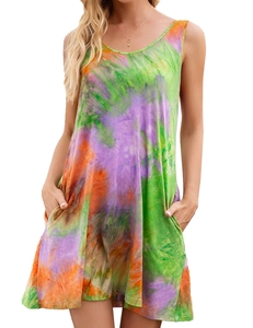 Close-up of vibrant tie-dye pattern and practical side pocket on a summer dress