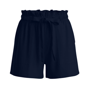 Detail of navy blue paperbag high waist shorts with adjustable fabric belt and pockets
