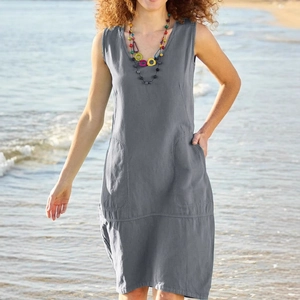 Robe maxi sans manches en coton et lin gris avec poches pour un look de plage