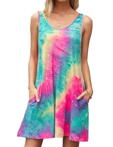 Detail of colorful tie-dye sleeveless dress featuring side pockets and round neck design
