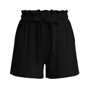 Detail of high-waisted black cotton linen shorts featuring elastic drawstring waist and bow