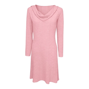 Detail of the knit texture and cowl neck hood on this elegant pink long sleeve dress