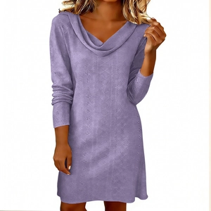 Detailed view of cowl neck design and purple knitted hollow diamond pattern dress