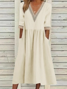 Beige cotton linen dress with V-neck lace patchwork and convenient side pockets