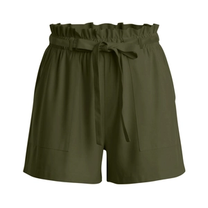 Detail of high waisted olive green paperbag shorts with a bow belt and large utility pockets