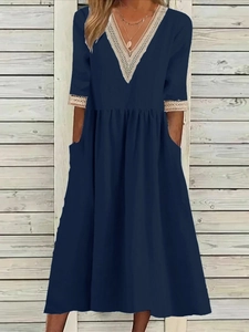 Navy V-neck cotton linen midi dress featuring delicate beige lace trim on collar and sleeves