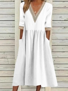 Close-up of intricate lace embroidery on the V-neckline of a white cotton linen dress