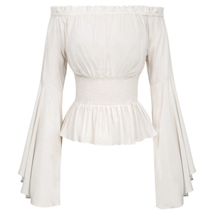 Off-shoulder cream renaissance blouse with flared sleeves and smocked waist design