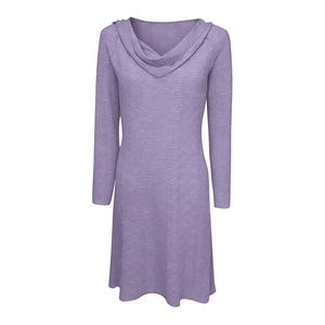 Detail of lavender knit dress featuring cowl neck, hood, and vertical textured pattern