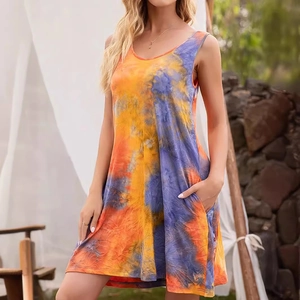 Women sleeveless tie-dye mini dress with pockets in vibrant orange and yellow