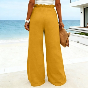 Detail of high waisted ginger cotton linen wide leg trousers with elastic ruffled waistband