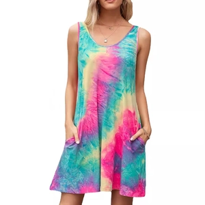 Women's sleeveless tie-dye mini dress with crew neck and side pockets for summer