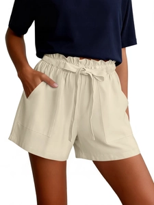 Women's apricot linen paperbag waist shorts with drawstring belt and large pockets