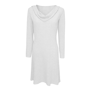 Detail of white cowl neck dress showing the textured fabric and elegant draped neckline