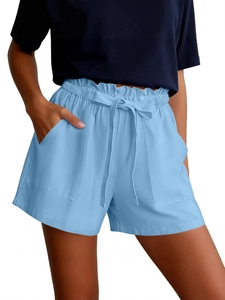 Women's light blue casual cotton linen shorts with elastic drawstring waist and big pockets