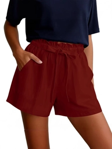 Women's dark red drawstring shorts with elastic ruffled waist and side pockets