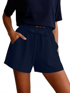 Women's dark navy cotton linen paperbag waist shorts with drawstring and side pockets