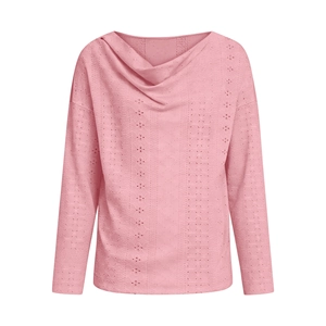 Detail of cowl neck and hollow-out vertical stripe embroidery on long sleeve top