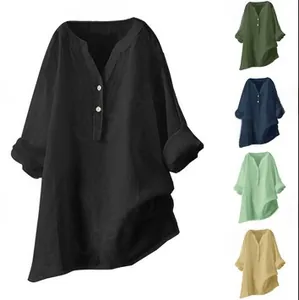 Detail view of V-neck cotton linen tops showing multiple colors and buttoned sleeve detail