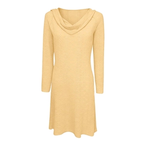 Detailed view of the yellow knitted dress showing cowl neck and textured fabric